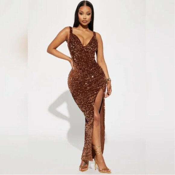Fashion Nova Claudia Sequin Maxi Dress Size Small Bronze Gold Sparkly Formal - Picture 1 of 10